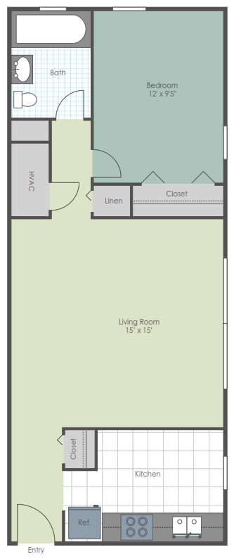 Floor plan for 1 bed, 1 bath, 570 sqft